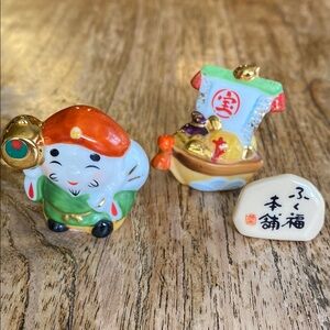 Daikokuten & Takarabune Japanese Miniature Ceramic Good Luck Vintage Figurines